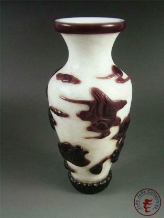 Fine Old Chinese Peking Glass Made Bottle Vase Pot Statue LOTUS & MANDARIN DUCKS 3