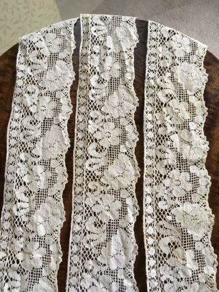 Antique Handmade Floral Cream Lace - 133 By 4 Inches - 90 Yrs Old