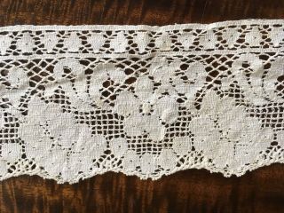 Antique Handmade Floral Cream Lace - 133 by 4 inches - 90 yrs old 2