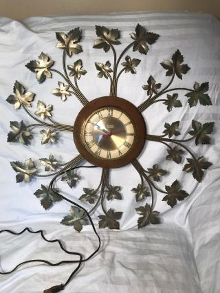 Large 24 " Vintage Brass United Starburst Wall Clock Mid Century Ivy Leaf