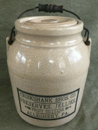 Antique Cruikshank Preserves Jelly Primitive Stoneware Crock & Lid Allegheny Pa