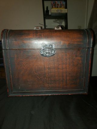 Mahogany Wood Treasure Box Trunk With Brass Henges And Lock Vertical Slim