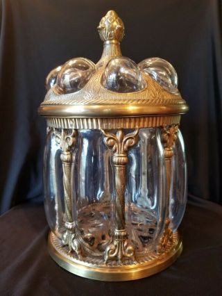 Ornate Blown Glass Brass Cage Jar Aquarium Urn W/ Lid