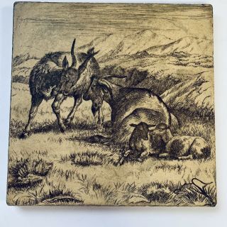 Antique Mintons China Stoke On Trent Transferware Tile 6x6 Goats In Meadow