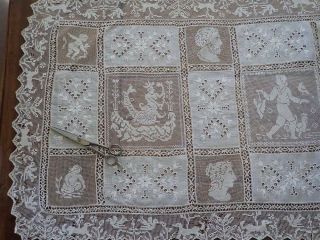 Antique FINE handmade Filet FIGURAL LACE Runner 70x22 Greek Legends Cherubs 3