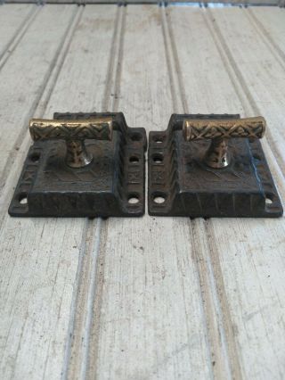 2 Antique Vtg Eastlake Cast Iron W/ Brass T Hand Cabinet Jelly Cupboard Latches