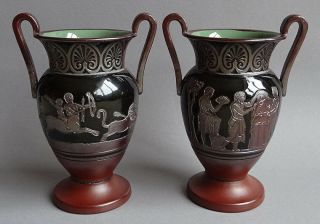 Pair Antique English (?) Stoneware Pottery Vases Greek Style,  Ca.  1900 Incised