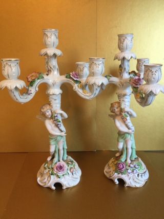Antique Von Schierholz Ornate Porcelain Pair Candelabras Candleholders,  Marked