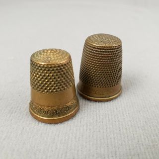 2 Antique Brass Thimbles,  One 4 Marked Iles England & One With Decorative Band