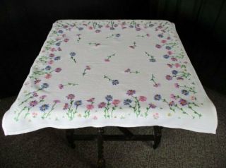 Vintage Tablecloth Hand Embroidered - Colourful Flowers - Linen