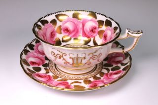 19th Century English Spode Style Hand Painted Cabbage Rose Cup And Saucer (c)