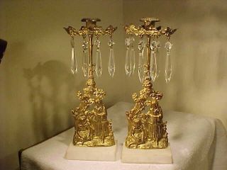 19thc Antique Brass Figural Victorian Gold Gilt Candlesticks Girandole,  W/ Marble