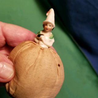 Antique German Porcelain Small Half Doll Pin Cushion Lady in Clown Hat Germany 2