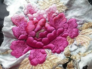 Antique Japanese Silk Floral Embroidery Remnant On Blue Silk Panel From A Kimono