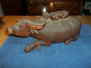 Large Antique Chinese/india Wooden Carving Water Buffalo & Naked Boy/girl Back