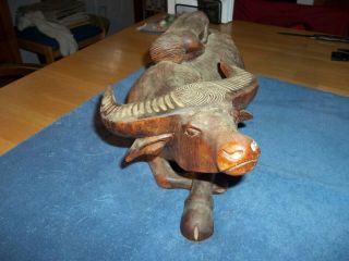 Large Antique Chinese/India Wooden Carving Water Buffalo & Naked Boy/Girl Back 2