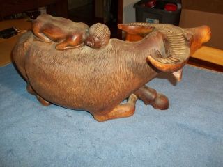 Large Antique Chinese/India Wooden Carving Water Buffalo & Naked Boy/Girl Back 3