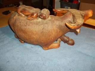 Large Antique Chinese/India Wooden Carving Water Buffalo & Naked Boy/Girl Back 4
