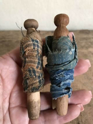 2 Early Antique Blue Brown Homespun Wool Calico Wrapped Old Clothespins Aafa