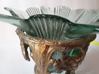 Art Nouveau Green Art Glass Candy Trinket Dish Brass Vintage 2