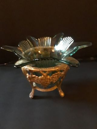 Art Nouveau Green Art Glass Candy Trinket Dish Brass Vintage 5