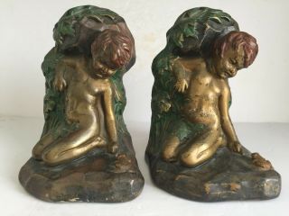 Signed Polychrome S.  Morani Armor Bronze Co Cherub Young Boy With Frog Bookends