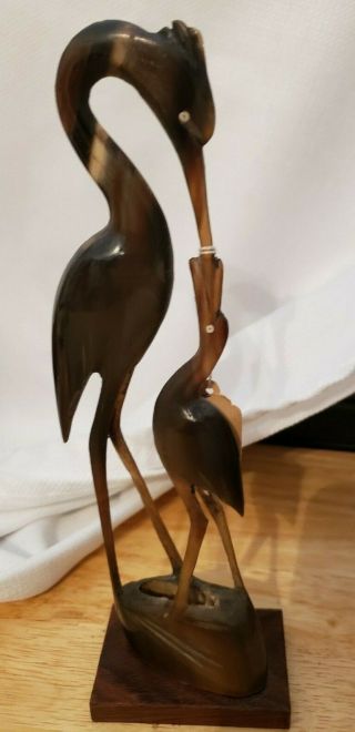 Vintage Mother Baby Carved Buffalo Horn Sculpture Crane Heron Bird Vtg India
