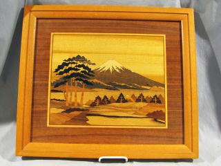 Vintage Japanese Inlaid Wood Marquetry Picture - Mt.  Fugi