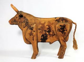 Early 20th C.  Vintage Hand - Crafted,  Painted Folk Art Wooden Bull W/orig Surface
