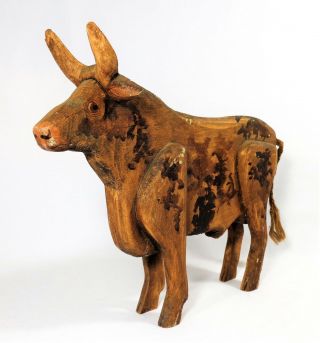 EARLY 20TH C.  VINTAGE HAND - CRAFTED,  PAINTED FOLK ART WOODEN BULL W/ORIG SURFACE 2