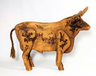 EARLY 20TH C.  VINTAGE HAND - CRAFTED,  PAINTED FOLK ART WOODEN BULL W/ORIG SURFACE 3