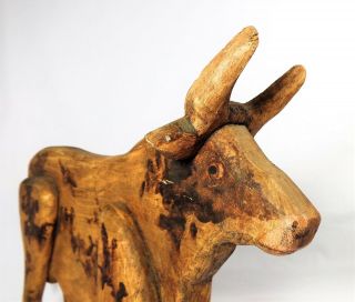 EARLY 20TH C.  VINTAGE HAND - CRAFTED,  PAINTED FOLK ART WOODEN BULL W/ORIG SURFACE 5