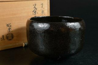 S5924: Japanese Old Raku - Ware Black Glaze Tea Bowl Green Tea Tool W/signed Box