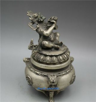 Chinese Buddhism Vajra King Kong Mahakala Tibetan Silver Statue Incense Burner