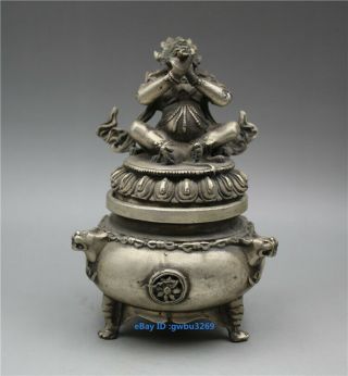 Chinese Buddhism Vajra King Kong Mahakala Tibetan silver Statue Incense Burner 4