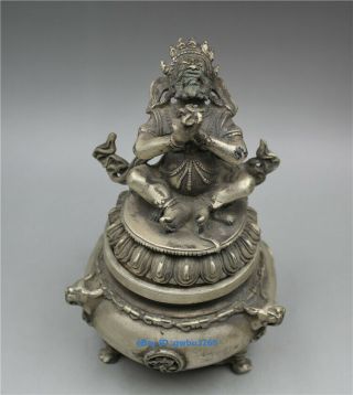 Chinese Buddhism Vajra King Kong Mahakala Tibetan silver Statue Incense Burner 5