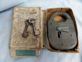 Antique Boxed 3 Inch 4 Lever Chubb Padlock & 2 Side Bitted Keys