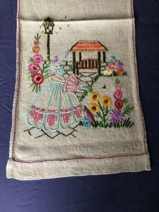 Vintage Hand Embroidered Crinoline Lady Oblong Table Runner / Dresser Scarf