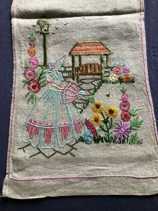 Vintage Hand Embroidered Crinoline Lady Oblong Table Runner / Dresser Scarf 4
