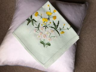 Sweet Vintage Floral Hand Embroidered Small Square Green Irish Linen Tablecloth