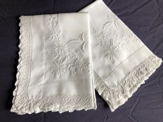 2 Victorian Vintage Linen Madeira Work Hand Embroidered Tray Cloths Lace Edgings