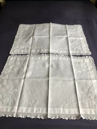 2 Victorian Vintage Linen Madeira Work Hand Embroidered Tray Cloths Lace Edgings 3