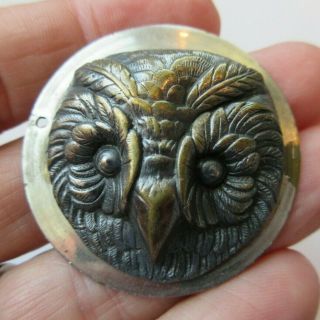 Xl Antique Vtg Victorian Metal Picture Button Owl On Steel Disc (d)
