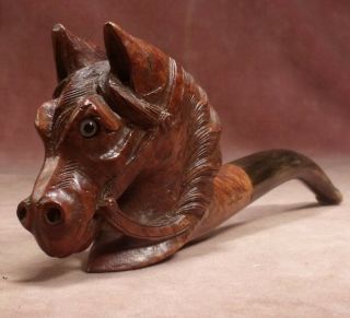 Antique Fine Carved Horse Head Pipe Briar & Horn Lambert Hod Glass Eyes Quality