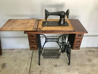 1900’s Vintage Antique Singer Sewing Machine Table Cabinet Cast Iron Wood Oak
