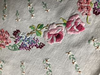 Vintage Heavily Hand Embroidered Cream Cotton Tablecloth Crocheted Edging