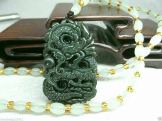 Natural Green Hand - Carved Chinese Hetian Jade Pendant - Dragon - Necklace