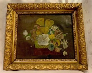 1895 Antique Oil Painting “flowers In Woven Basket” Gilded Acorn Frame Signed
