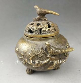 China old fengshui pure copper hand - carved plum blossom and bird censer b02 2