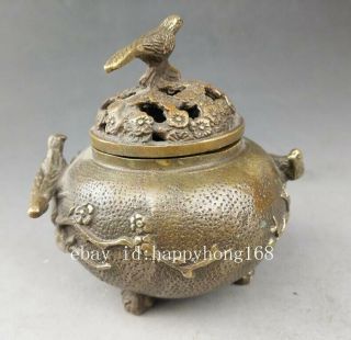 China old fengshui pure copper hand - carved plum blossom and bird censer b02 3
